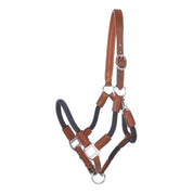 Side view of the cognac/navy Kavalkade Cavo Leather Rope Halter Set on a white background