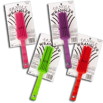 View of 4 Tangle Wrangler Brushes in assorted colors on a white background