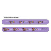 Side-by-side front and back views of the purple Tongue Lettia Thelwell Nail File on a white background