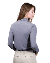 Back view of model wearing the Equisite Alesia Long Sleeve Shirt in Dove