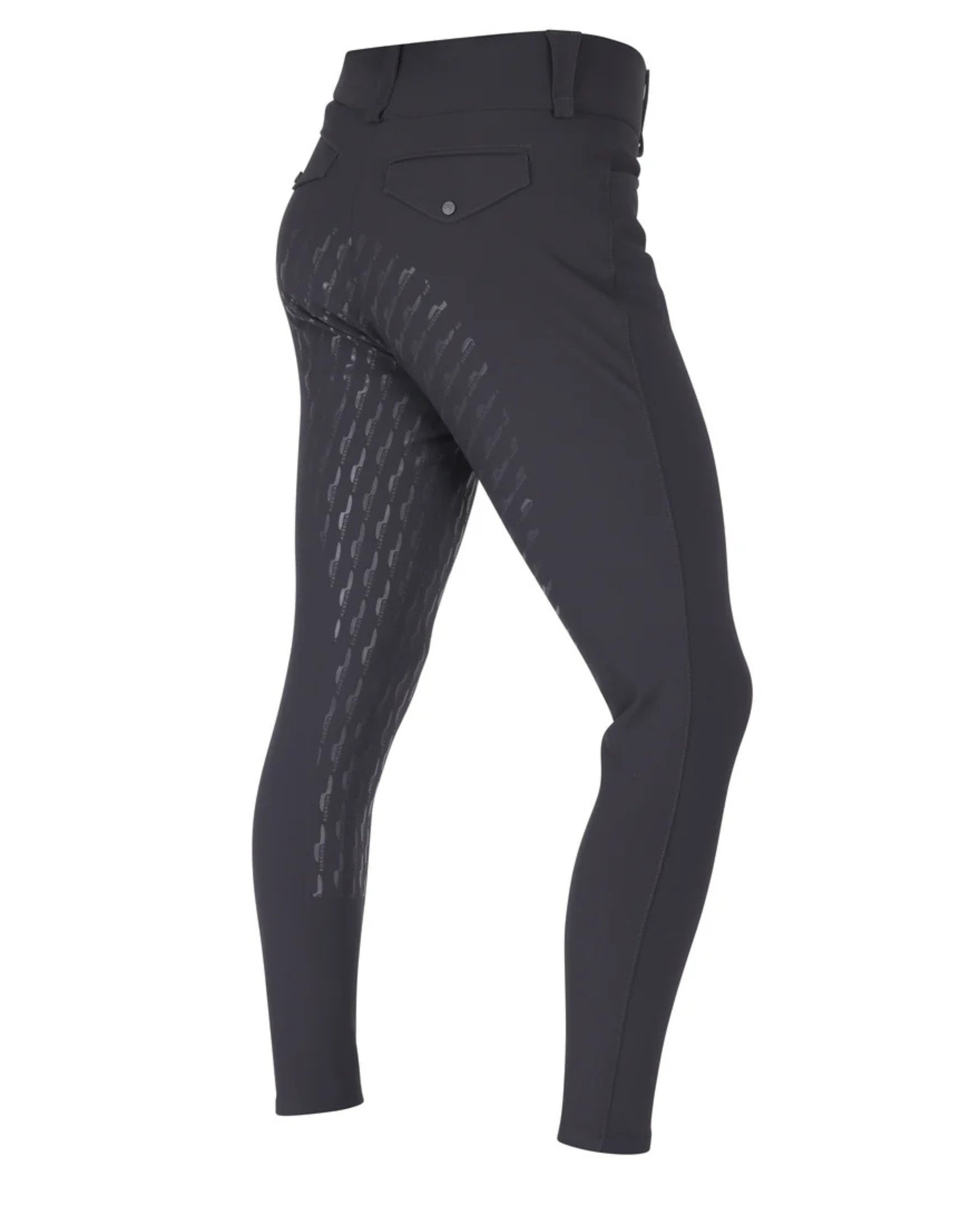Angled back view of the black Aubrion Men's Optima MX-FG Breeches on a white background