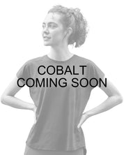 Coming Soon infographic showing a grayed out model wearing the cobalt Aubrion React Tech T-Shirt on a white background