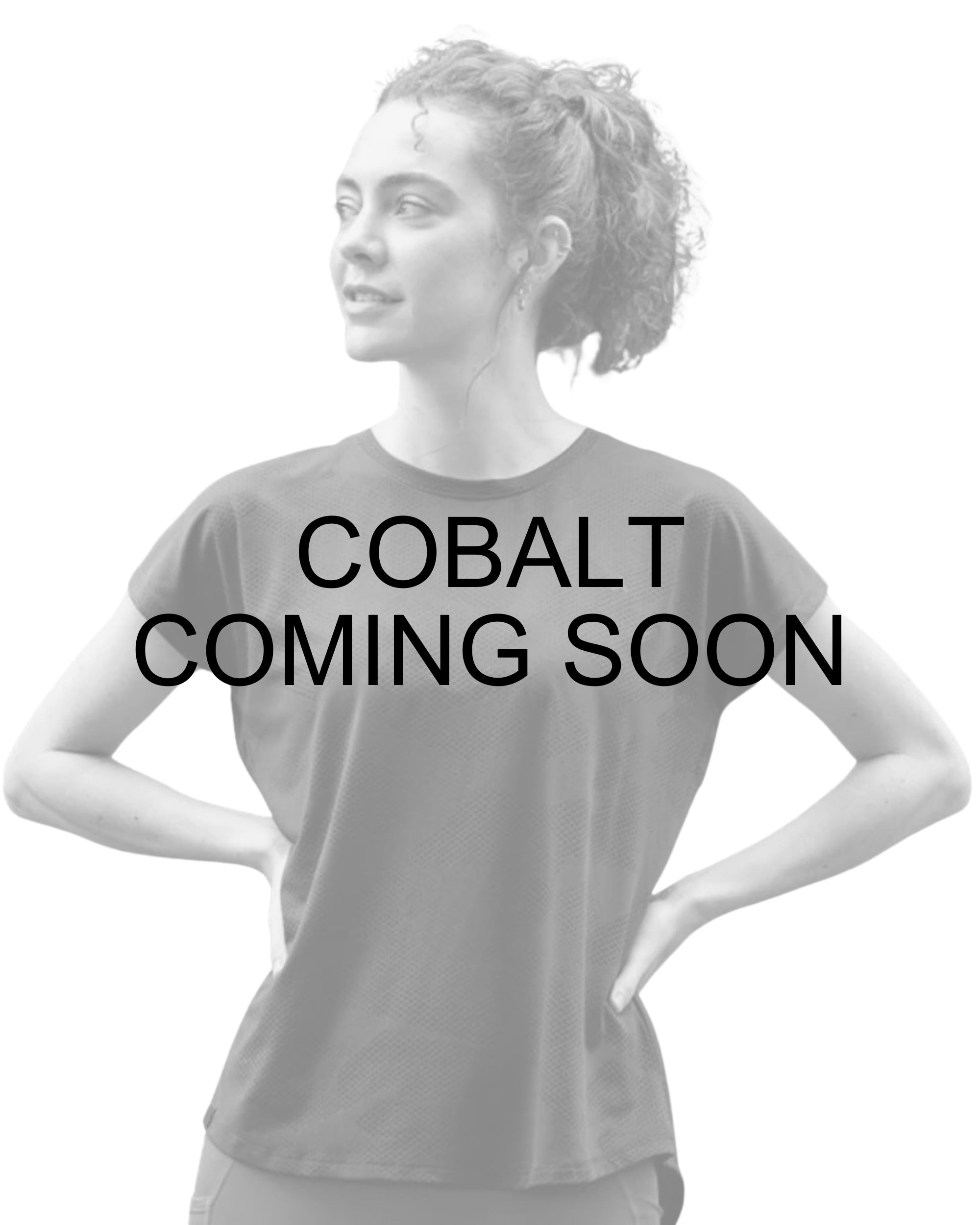 Coming Soon infographic showing a grayed out model wearing the cobalt Aubrion React Tech T-Shirt on a white background