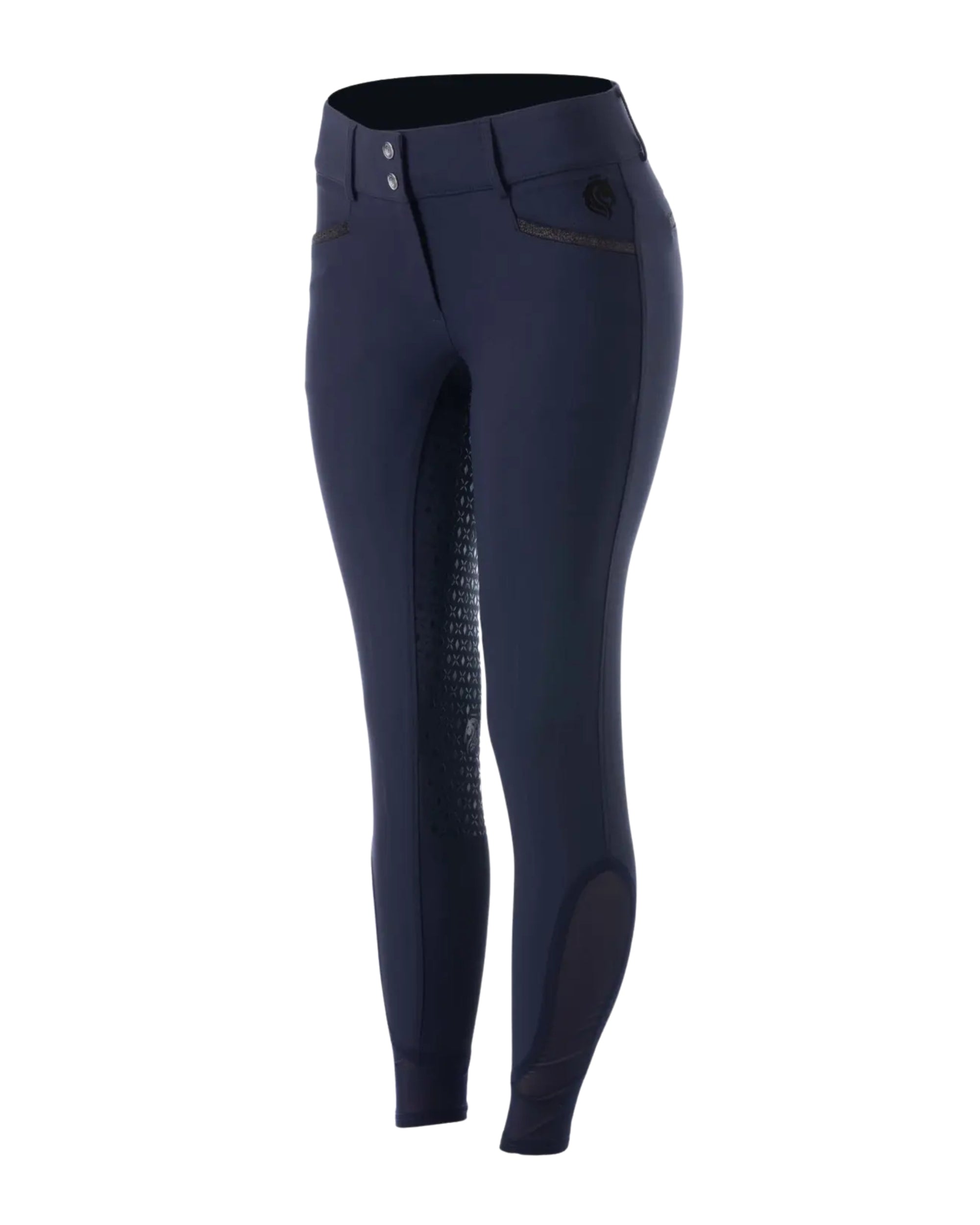 Front view of the Equinavia Kristina Full Seat Breeches in navy on a white background