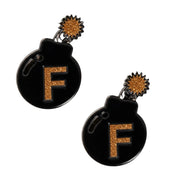 Front view of a pair of F Bomb Dubois Cheval Number Pin Charm on a white background