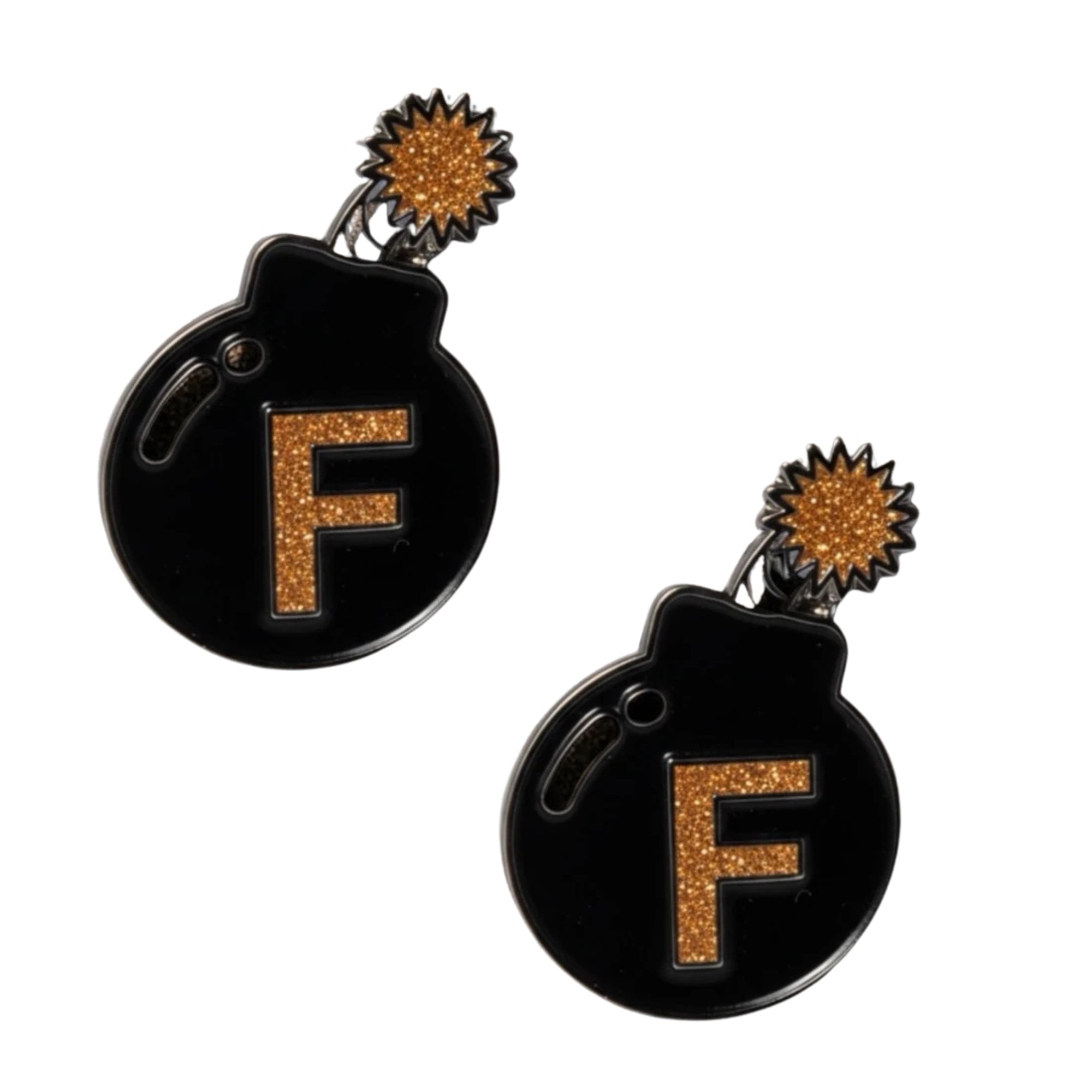 Front view of a pair of F Bomb Dubois Cheval Number Pin Charm on a white background