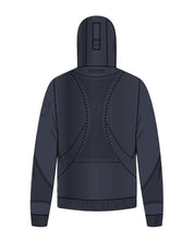 Back view of a designer sketch of the Equestro Women's Technical Hooded Sweatshirt With Micro-Mesh Inserts in navy on white background