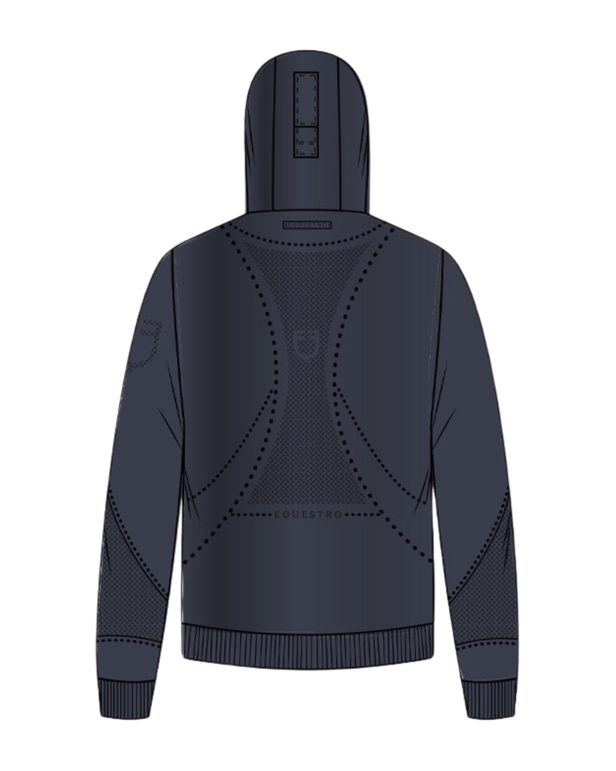 Back view of a designer sketch of the Equestro Women's Technical Hooded Sweatshirt With Micro-Mesh Inserts in navy on white background