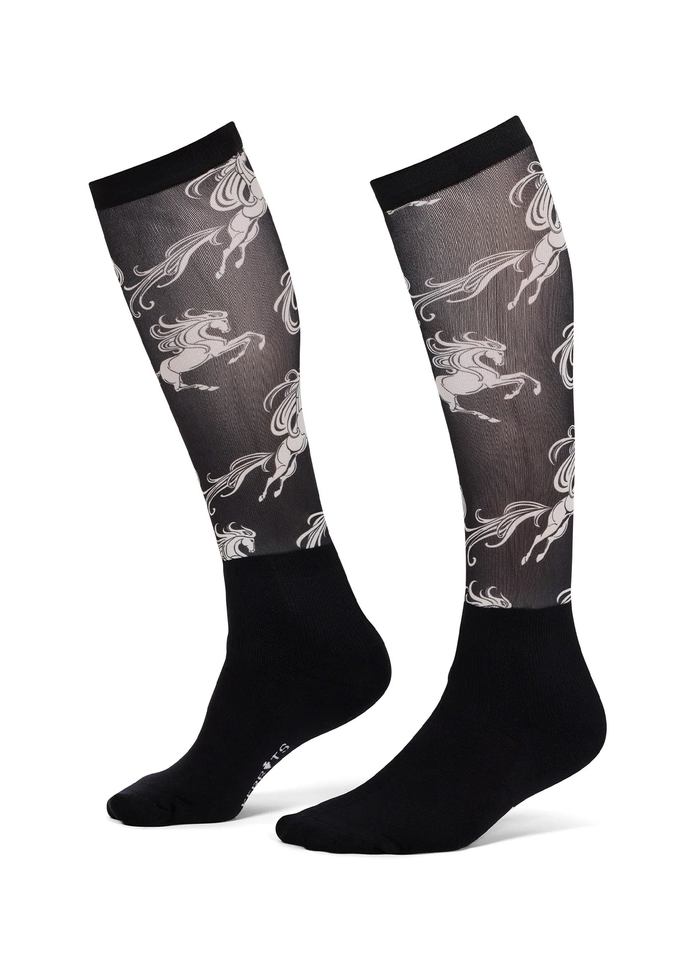 View of a pair of Black Horse Whimsy Kerrits Dual Zone Boot Socks on a white background