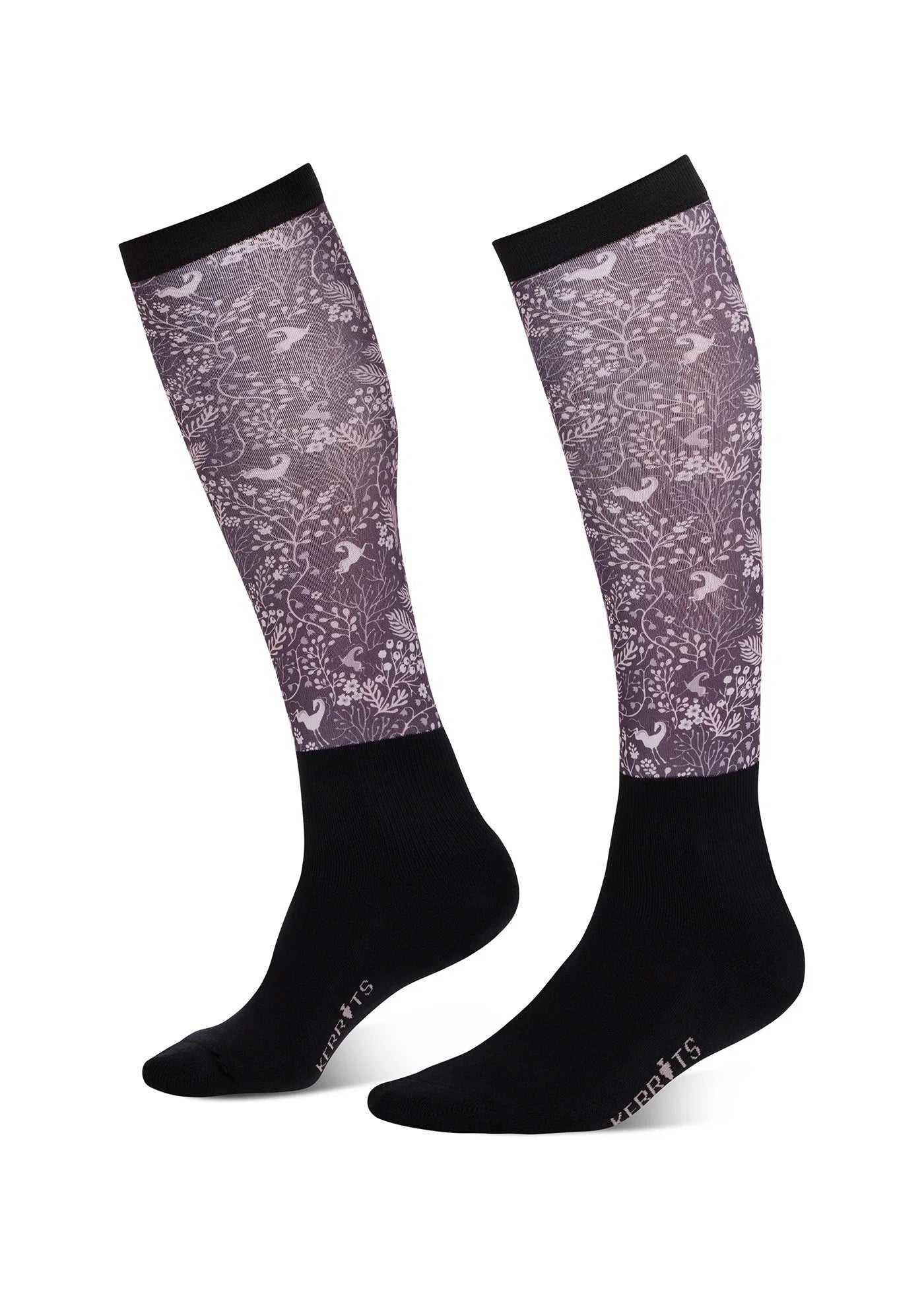 View of a pair of Elderberry Fantasy Fillies Kerrits Dual Zone Boot Socks on a white background