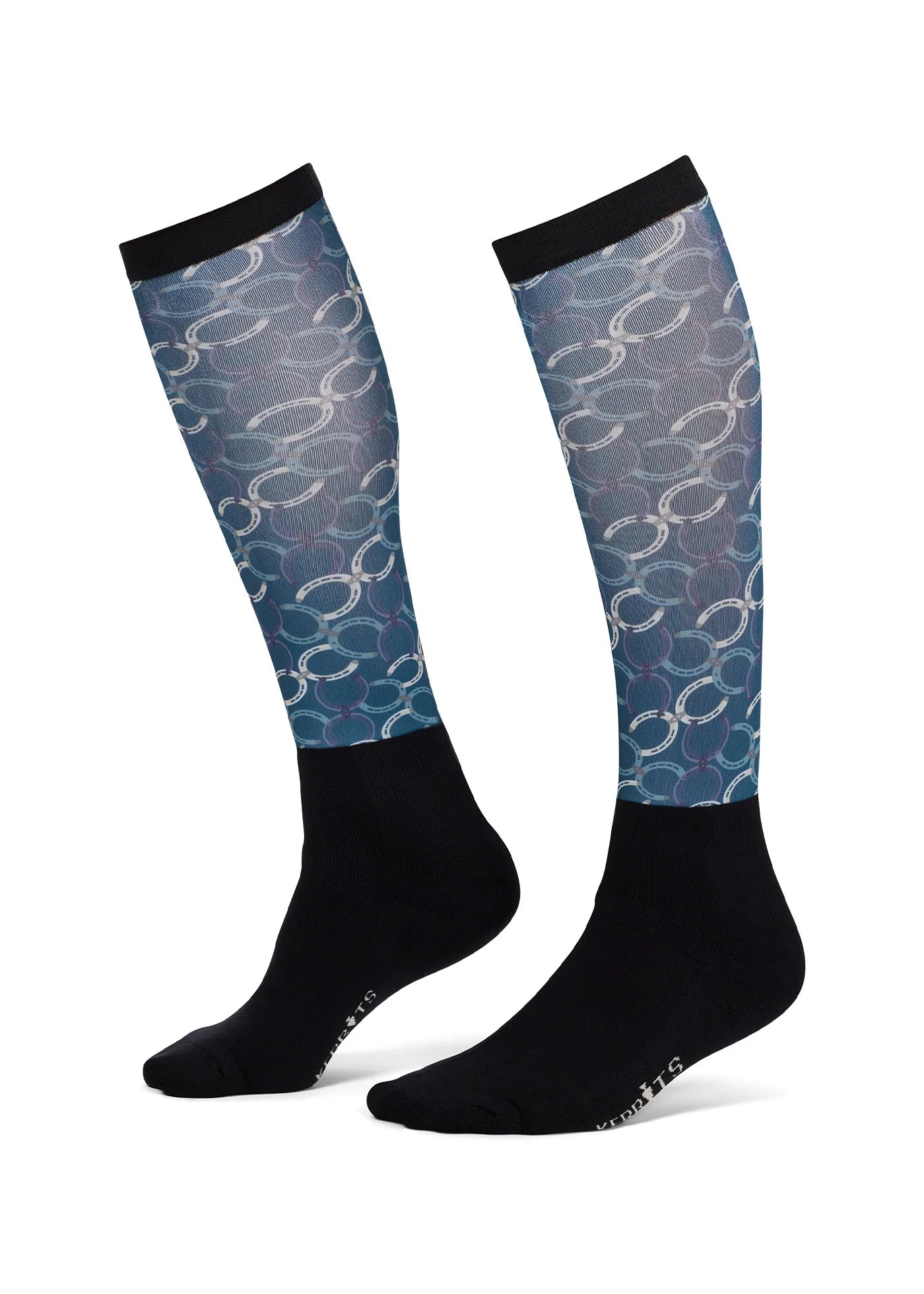 View of a pair of Jasper Horseshoe Honeycomb Kerrits Dual Zone Boot Socks on a white background