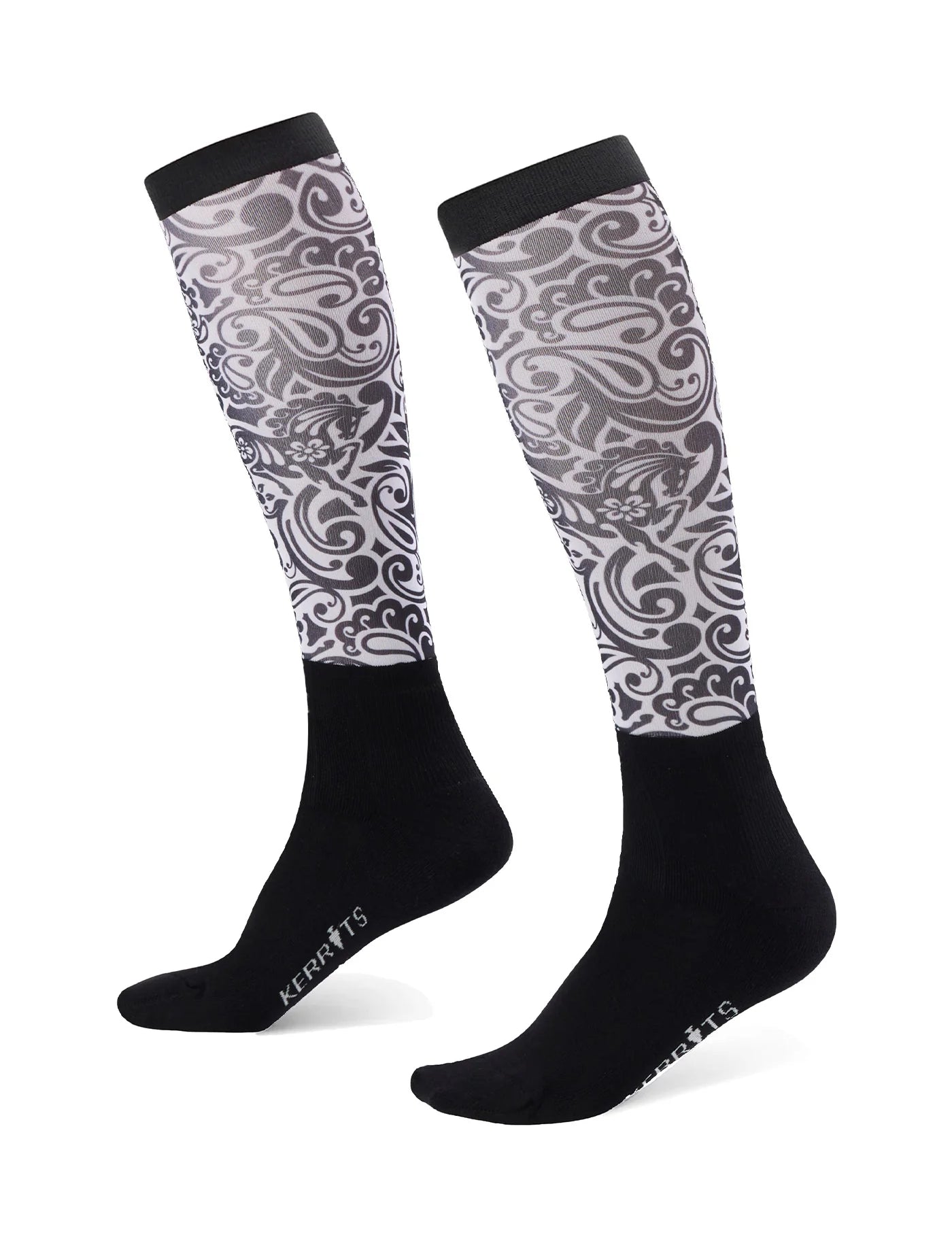 Left and right side view of a pair of Dual Zone Boot Socks in the color Soft White Posh Paisley