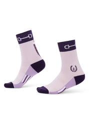 Inner and outer side views of the purple Kerrits Band of Bits Paddock Boot Socks on a white background