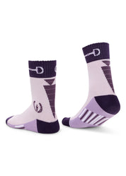 Inner and outer back views of the purple Kerrits Band of Bits Paddock Boot Socks on a white background