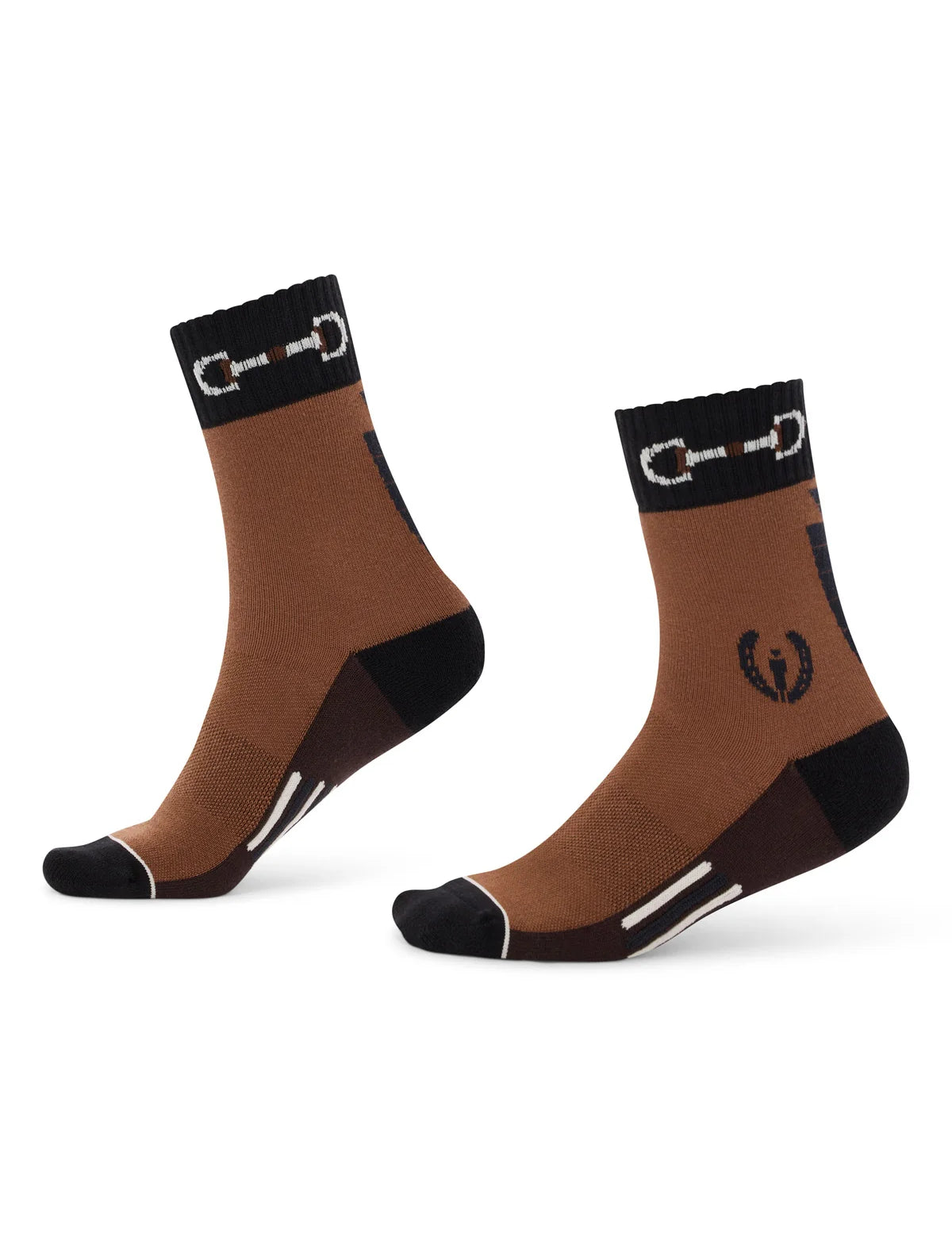 Brown paddock socks with black toe and heel shown on a white background