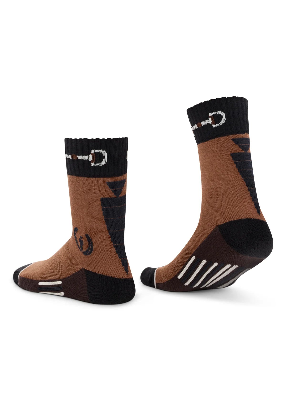 Pair of brown paddock socks worn on feet, side view