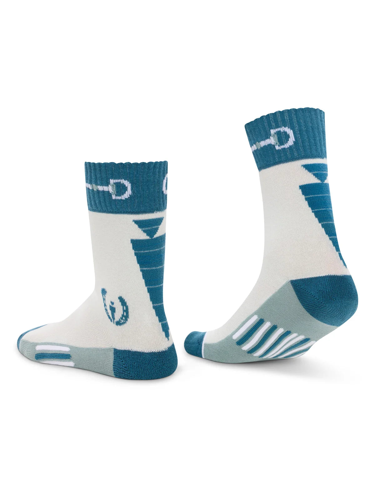 Light blue paddock socks with teal accents worn on feet