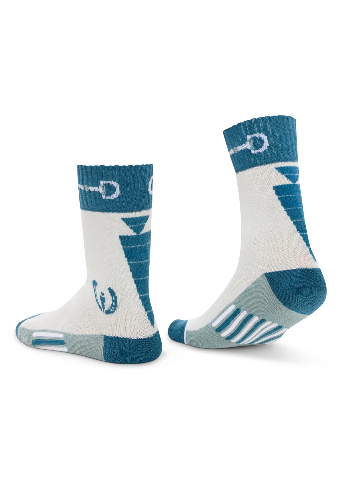 Light blue paddock socks with teal accents worn on feet