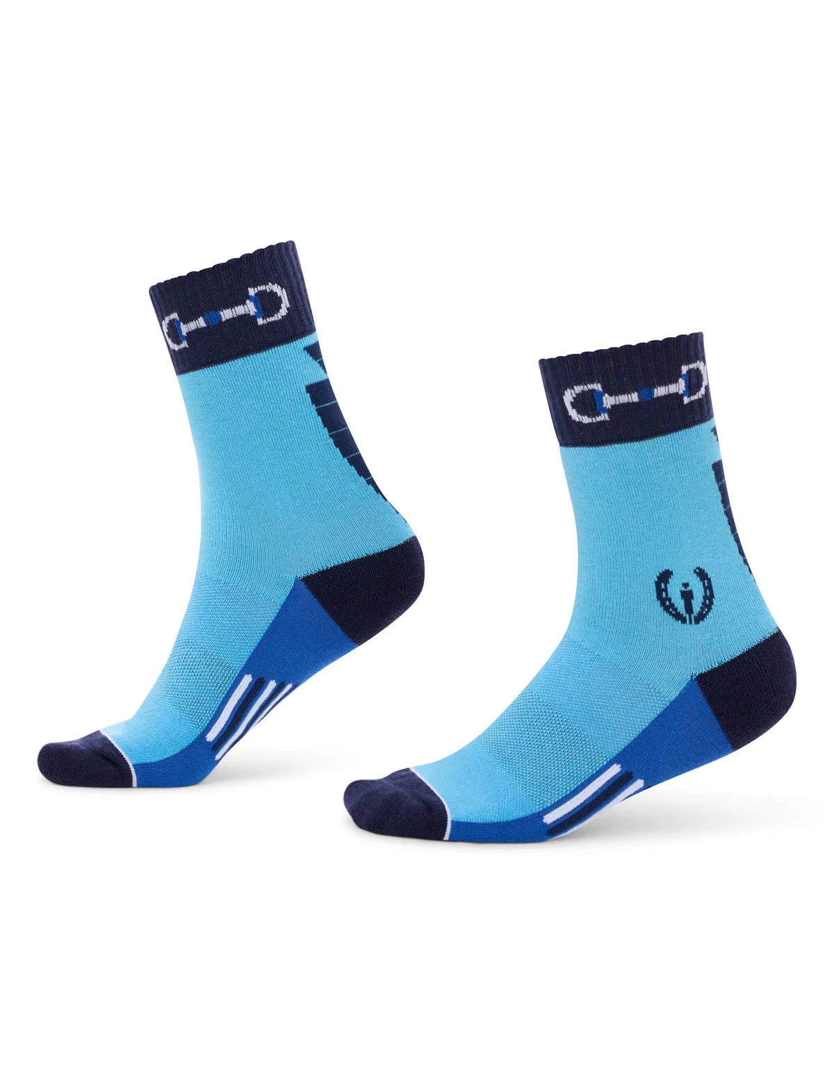 Blue paddock socks with darker blue accents worn on feet
