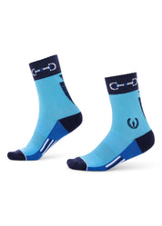 Blue paddock socks with darker blue accents worn on feet