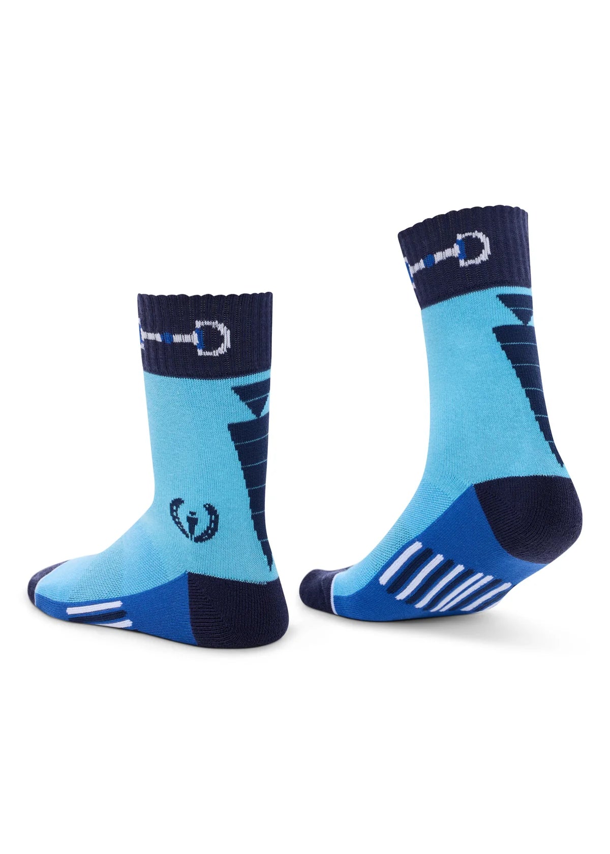 Blue paddock socks with contrasting heel and toe worn on feet