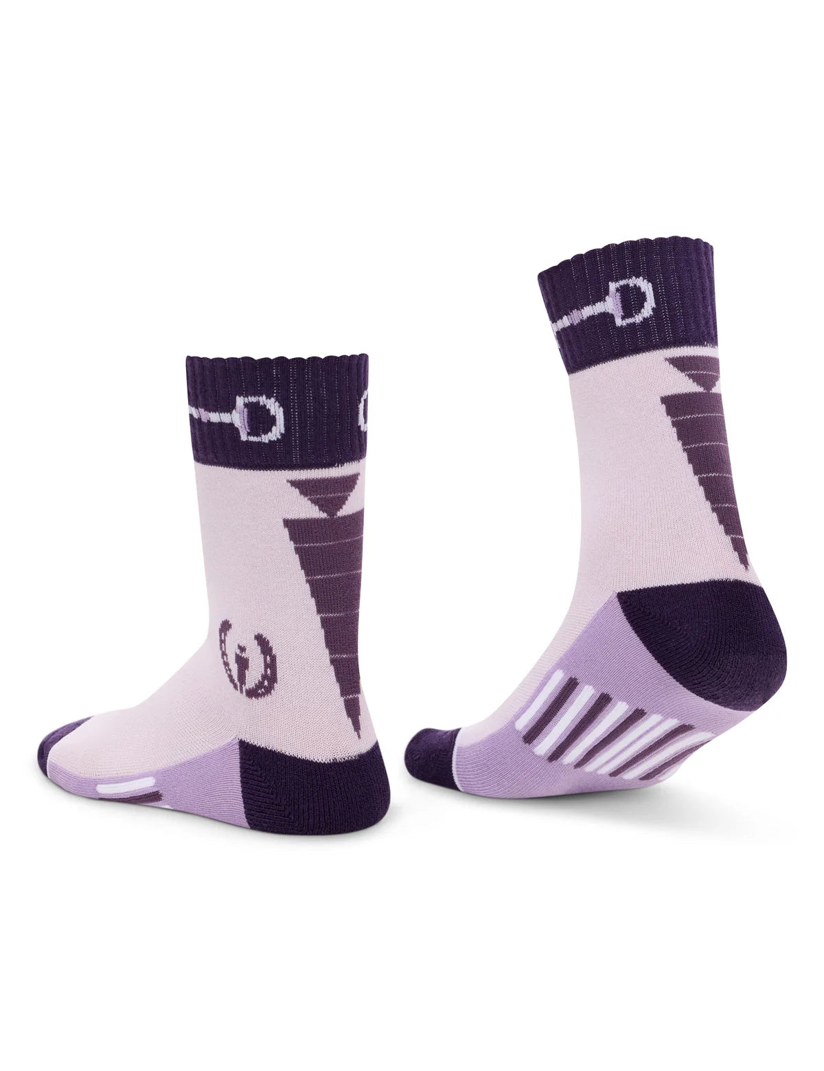 Inner and outer rear views of a pair of purple Kerrits Kids Band of Bits Paddock Socks on a white background