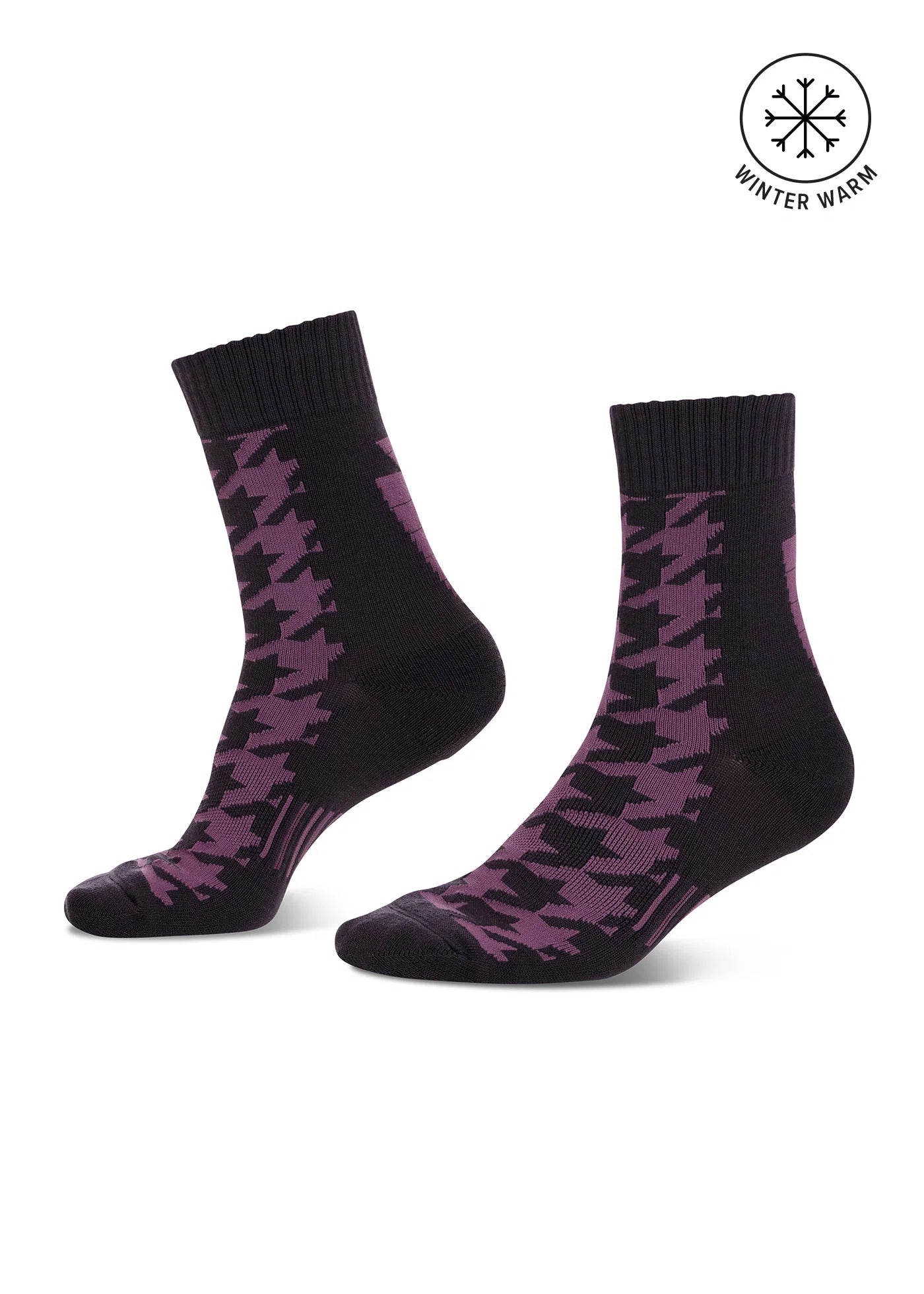 Side views of a pair of Elderberry Kerrits Houndstooth Wool Paddock Boot Socks on a white background
