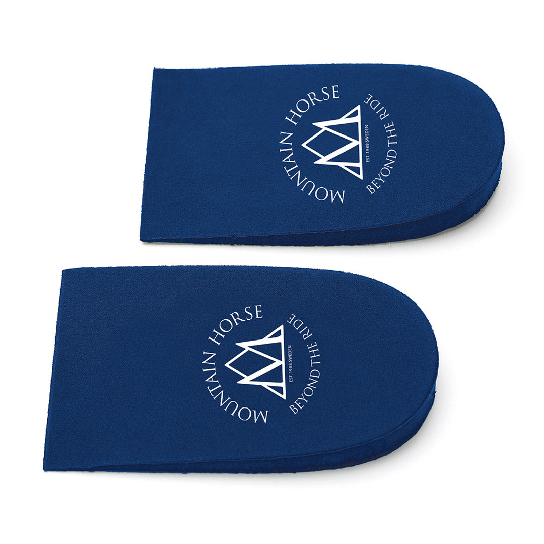 Full view of a pair of blue Mountain Horse Heel Lifters on a white background
