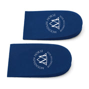 Full view of a pair of blue Mountain Horse Heel Lifters on a white background