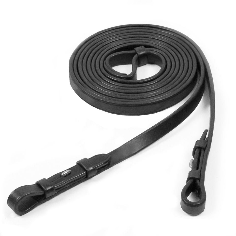 View of a rolled up pair of black Schockemohle Double Bridle Leather Reins with Hook & Stud on a white background