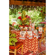 View of a vibrant Blue Stallion Farm tablescape which includes the floral Rocky Blue Stallion Farm Rocky Tea Towel