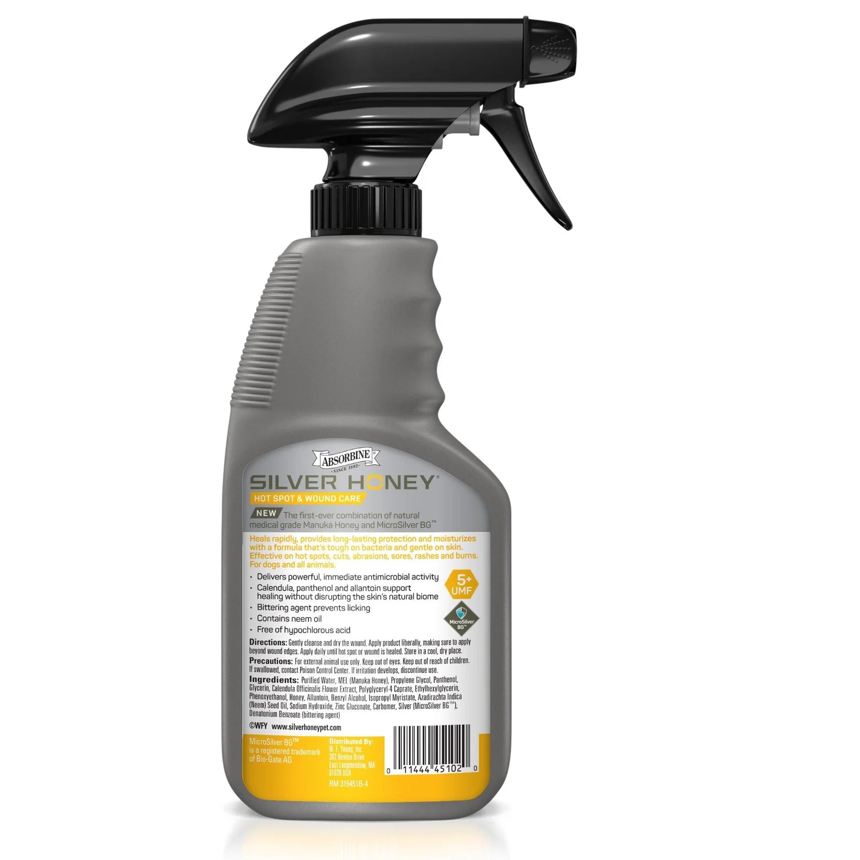 Back view of the 8 oz bottle of Absorbine Silver Honey Hot Spot & Wound Care Spray Gel on a white background