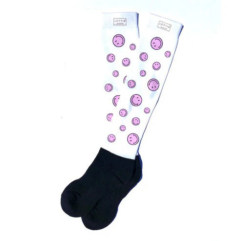 Side view of a pair of Lettia Smiley Padded Boot Socks on a white background
