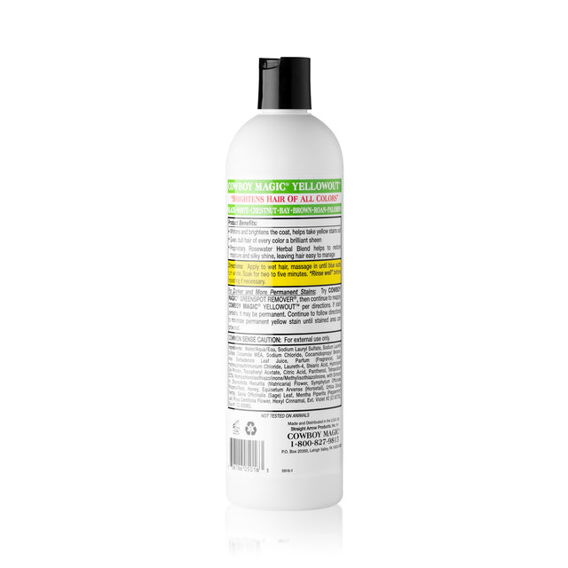 Back view of a 16 oz bottle of Cowboy Magic Yellowout Whitening Shampoo on a white background
