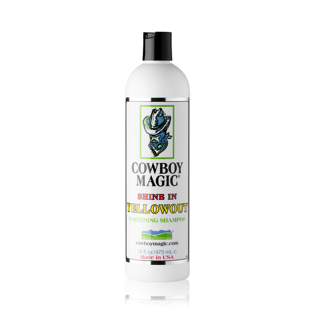 Front view of a 16 oz bottle of Cowboy Magic Yellowout Whitening Shampoo on a white background