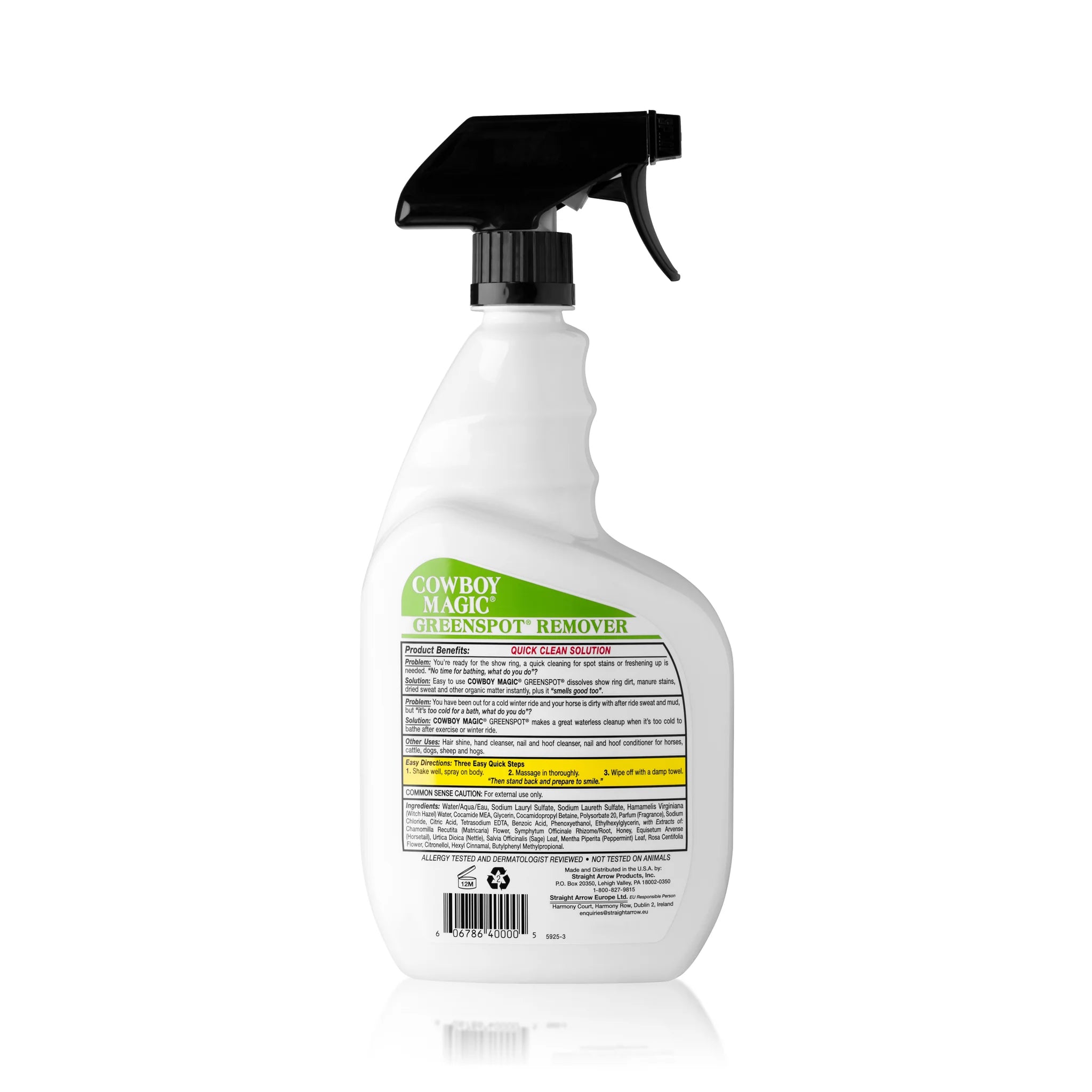Back view of a 32 oz bottle of Cowboy Magic Green Spot Remover Waterless Shampoo on a white background