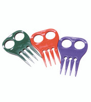 View of a green, red, and purple Jacks Braiding Comb on a white background