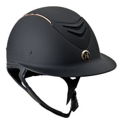 Angled front view of the matte black rosegold stripe One K MIPS CCS Avance Wide Brim Helmet on a white background