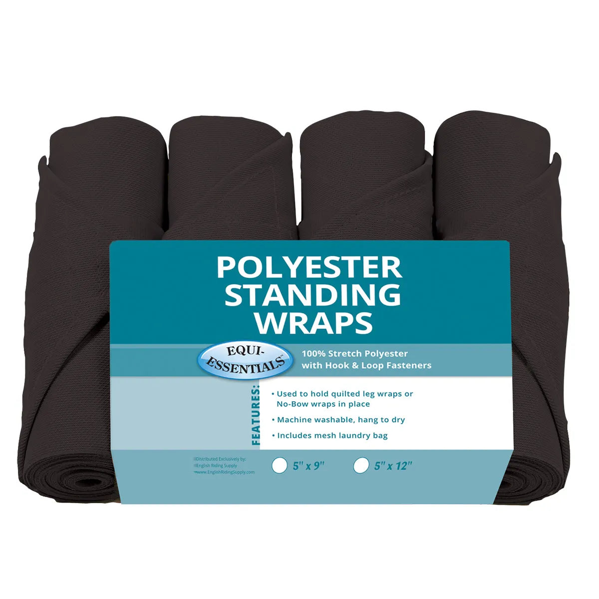 Front view of a package of the black Equi-Essentials Poly Standing Wraps on a white background