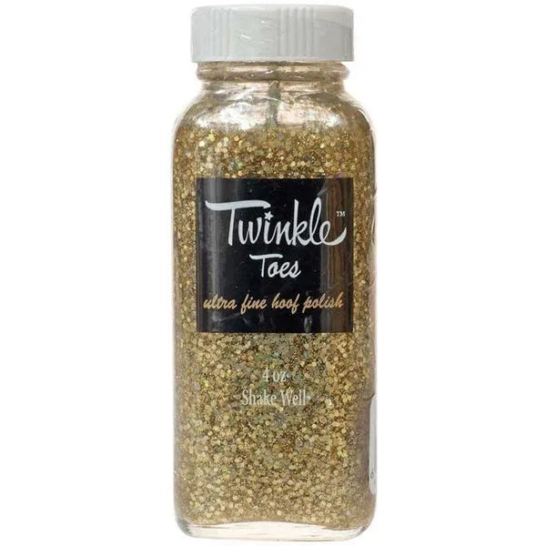 Front view of a bottle of gold Twinkle Toes Glitter Hoof Polish on a white background