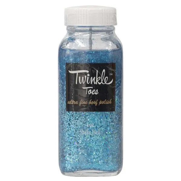 Front view of a bottle of royal blue Twinkle Toes Glitter Hoof Polish on a white background