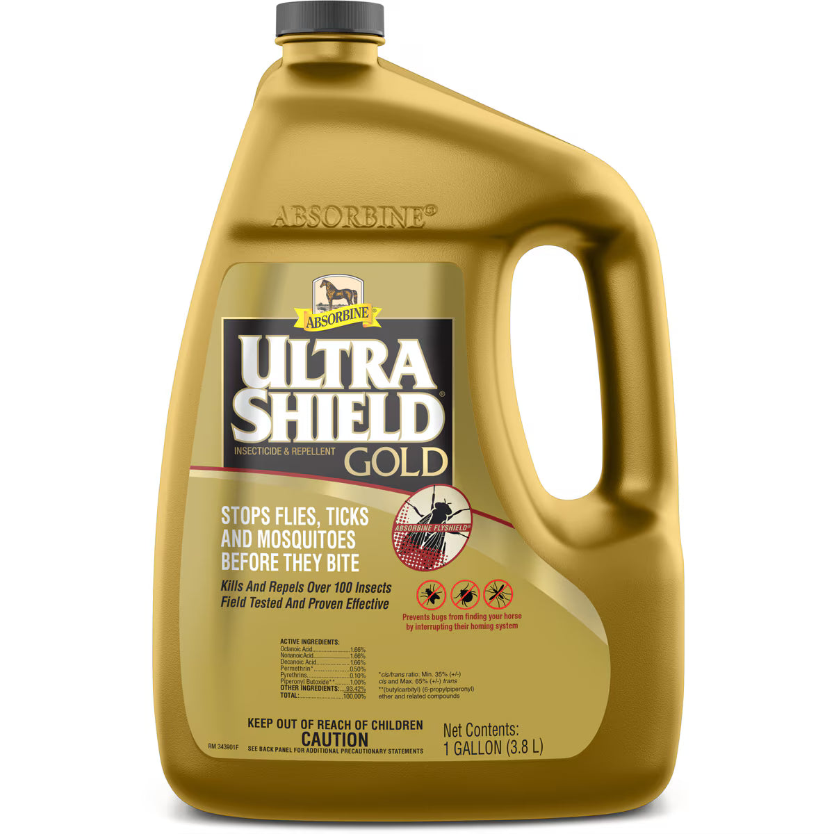 Front view of a 1 gallon jug of Absorbine Ultrashield Gold Insecticide & Repellent on a white background