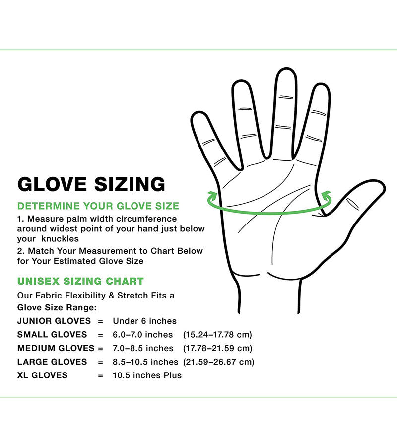Infographic showing the size chart for the View of the black HandsOn Grooming Gloves on a white background