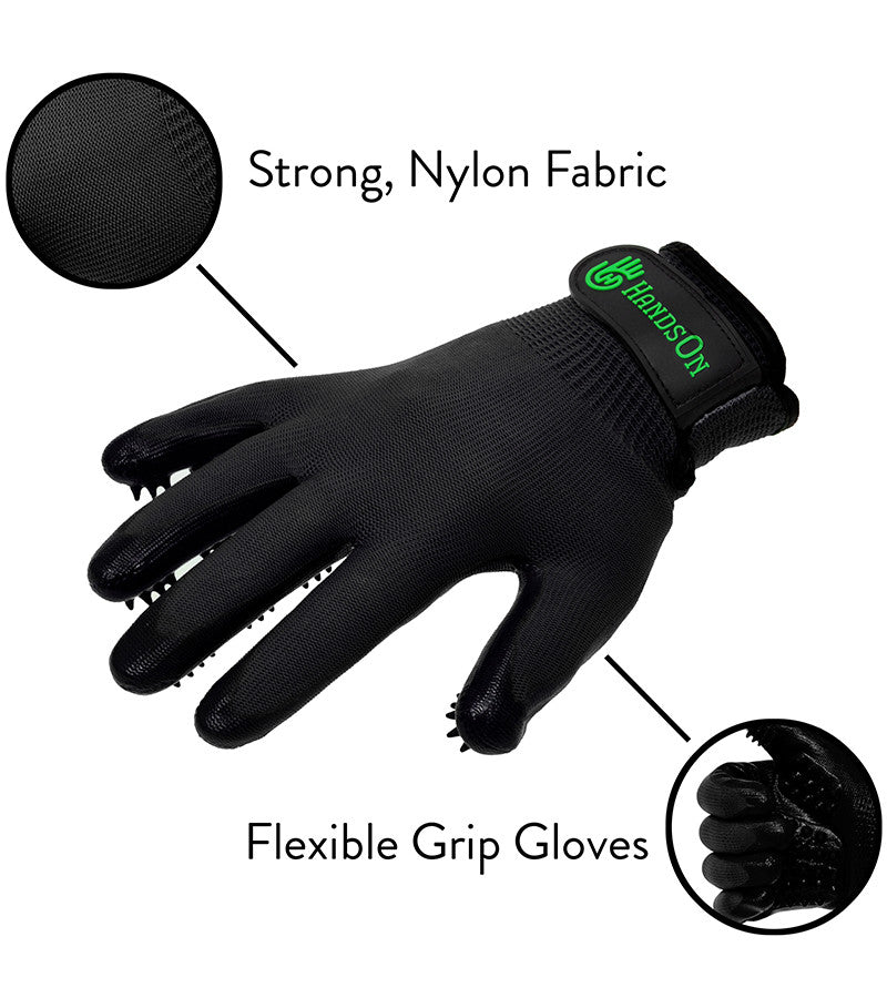 Infographic of the black View of the black HandsOn Grooming Gloves on a white background on a white background