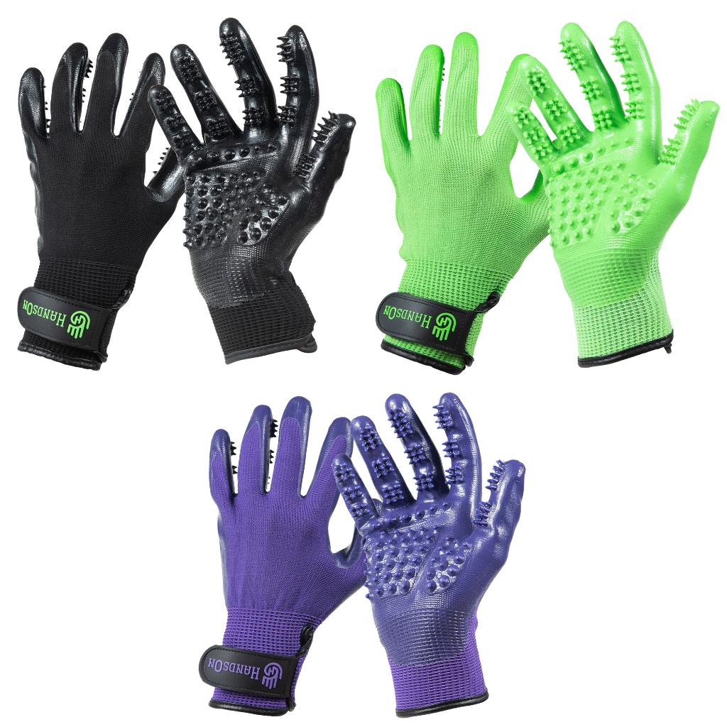 View of 3 different colored pairs of the HandsOn Grooming Gloves on a white background