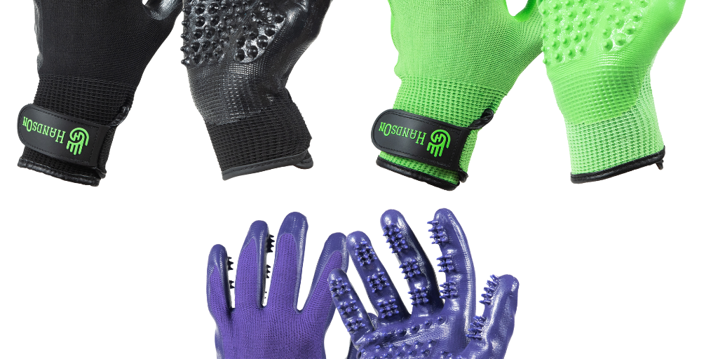 View of 3 different colored pairs of the HandsOn Grooming Gloves on a white background