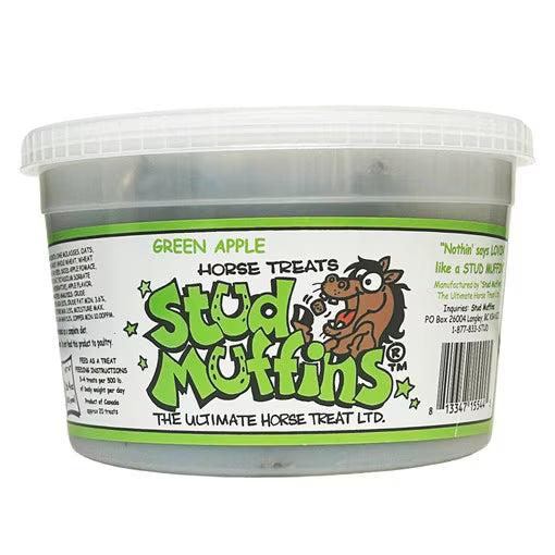 Front view of a 20 oz tub of Stud Muffins Green Apple Horse Treats on a white background