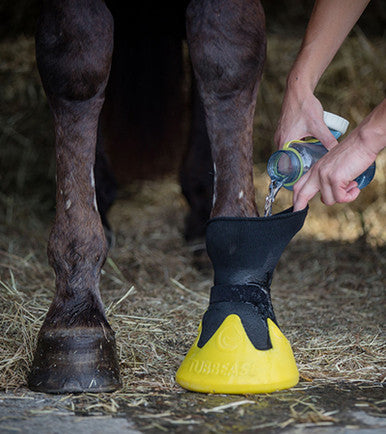 Front view of someone added water to an XX-Large Yellow Tubbease Hoof Sock while it is worn by a dark colored horse