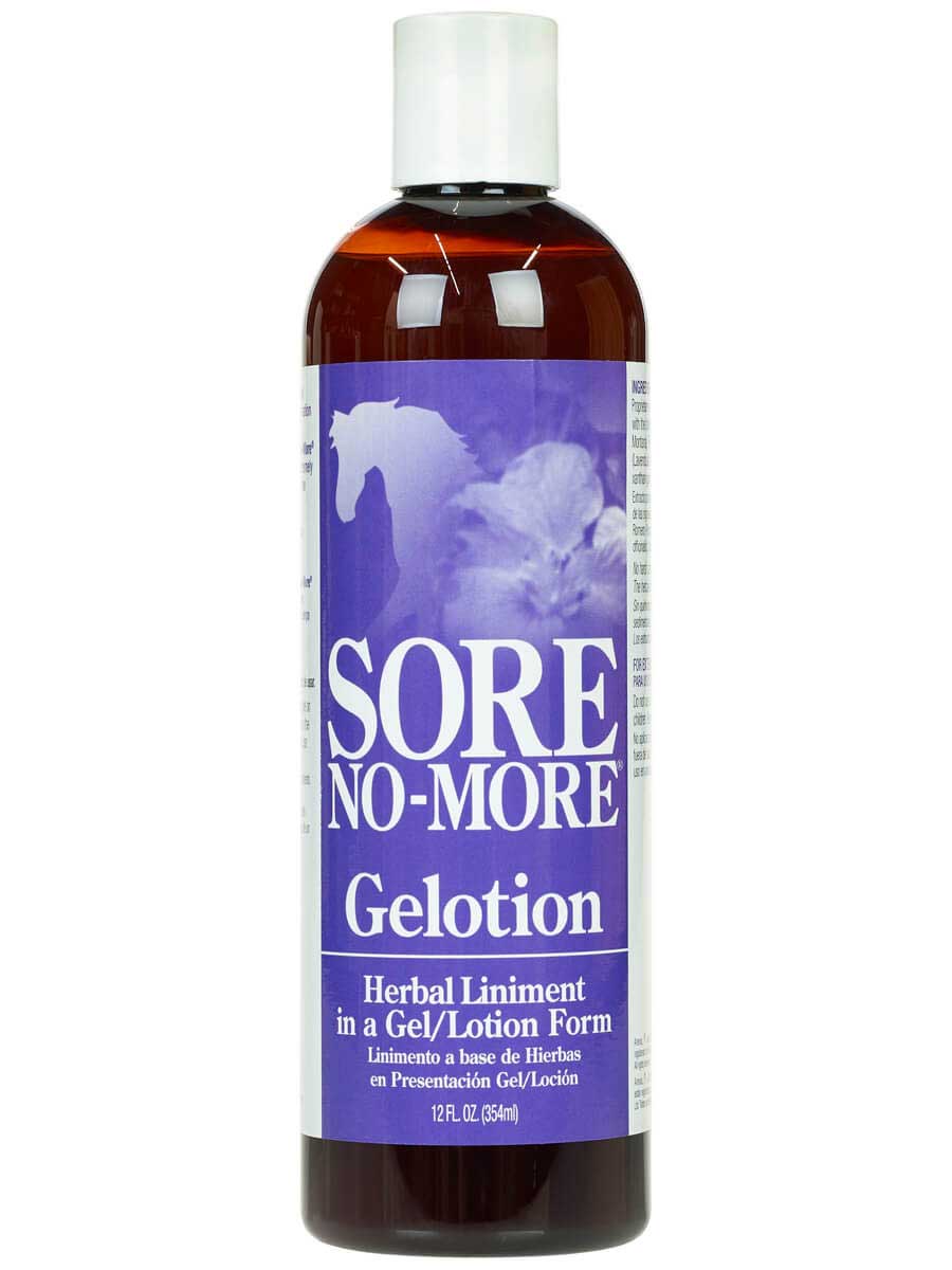 Front view of a 12 oz bottle of Sore No More Classic Gelotion on a white background