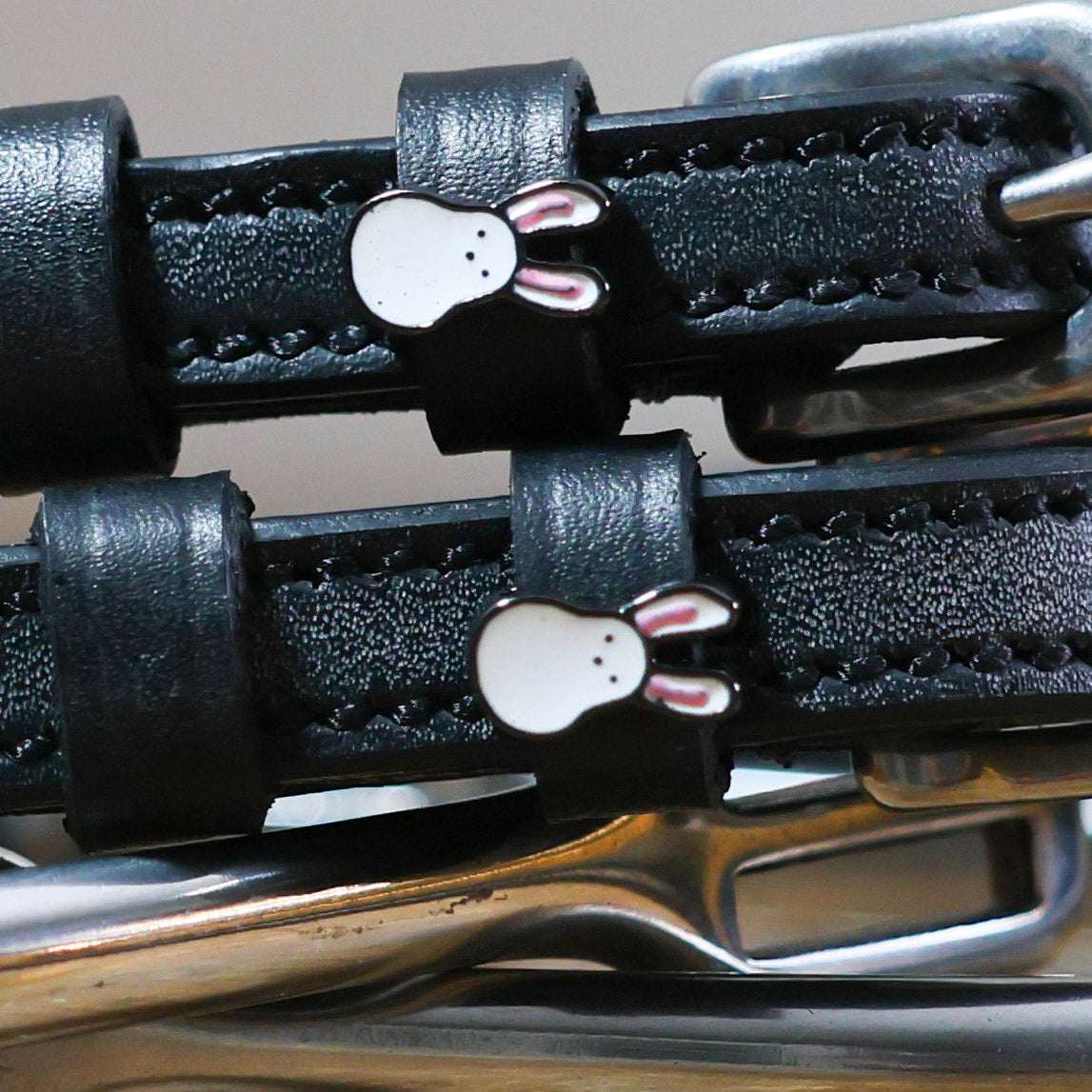 Close-up view of the buckled Bunny Hop Mane Jane Spur Straps